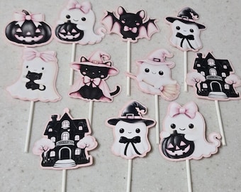 Pink Halloween Cupcake Toppers, Spooky Cute Ghost Party Decor