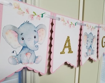 Elephant banner, elephant baby shower, elephant it's a girl, elephant decorations, girl elephant banner, elephant party, elephant its a girl