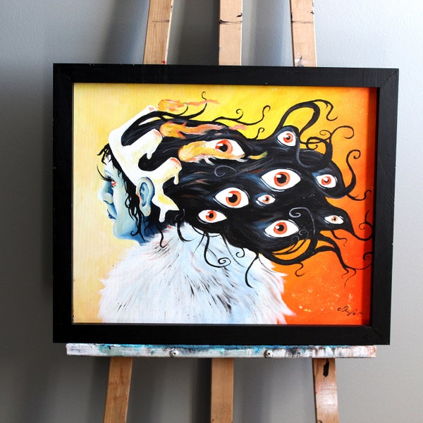 Queen with multiple eyes and burning crown original acrylic painting. Surreal original artwork. Creepy painting. 16x20 inches frame included