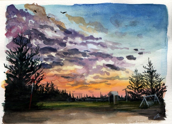 Bunte Sonnenuntergang Original Gouache Malerei Etsy