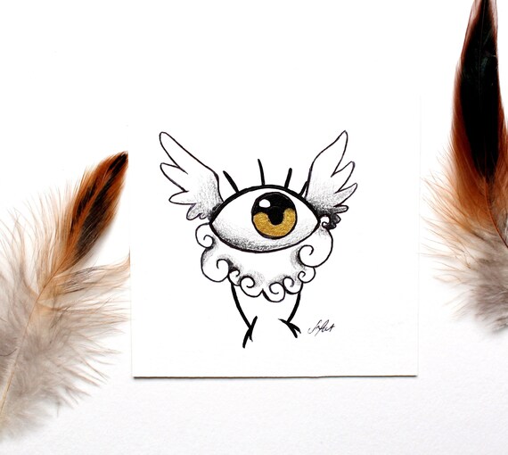 Eye Bird Original Ballpoint Pen Illustration With Gold Accent One Of A Kind Illustration Small Drawing Black And White 4 X 4 Inches