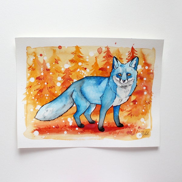 OOAK. Blue fox on orange forest. Fox art painting. Cute animal artwork. Children room decor. Original painting. 9x12 inches. Ready to frame.