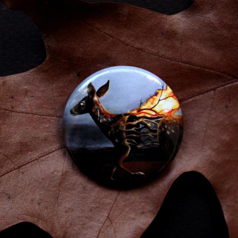 1,5 inches surreal painting pin featuring a deer on fire in the desert Deer on fire BUTTON PIN Surreal artwork accessory