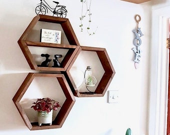 Set of 3 Hexagon Shelves - Hexagon Shelf - Geometric Shelf - Plant Shelf - Honeycomb Shelf - Wall Shelf - Shelves Wall Decor - Crystal Shelf