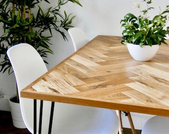 Solid Oak Herringbone Dining Table - Mid Century Modern Kitchen Table - Oak Dining Table - Parquet - Minimalist - Industrial - Reclaimed