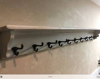 Handmade Distressed White Hat An Coat Rack with Top shelf An Cast Iron double Hooks Reclaim wood any length