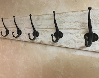Handmade wall Mounted Disressed White Coat Rack Double zinc coat hooks Nice patina Handmade