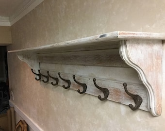HandMade Wooden Distressed White Hat An Coat Rack With Large top shelf An Cast Iron Victorian hooks