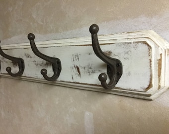 HandMade wooden Distressed Hat an Coat Rack made with Reclaimed Materials with cast iron metal Hooks