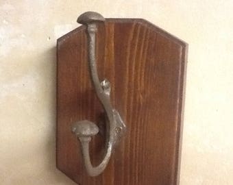 Antique Cast Iron Double Coat Hook, Victorian Style, Pine Mount