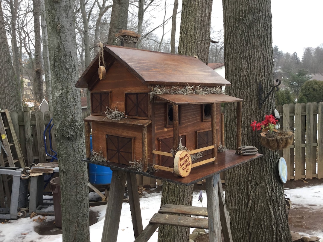 Handmade 2 Family Extra Large Wooden Barn Style Bird House Post Mount