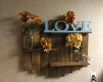 Rustic Pallet Wood Wall Decor with Shelves, Handmade