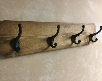 HandMade Wooden wall mounted coat rack with Replica Antique Cast Iron Double hooks