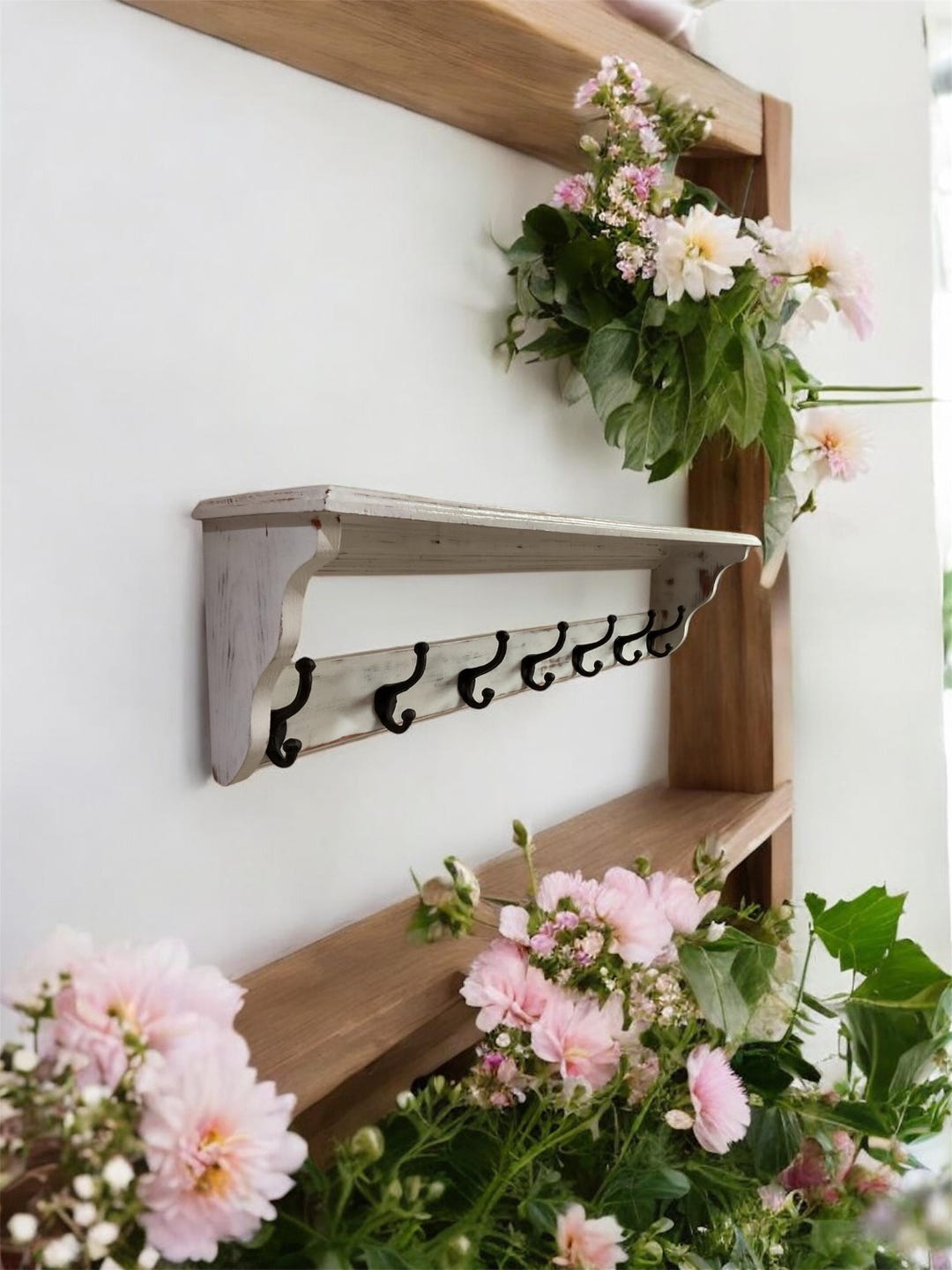 Handmade Distressed White Wooden Coat Rack With Victorian Cast Iron ...