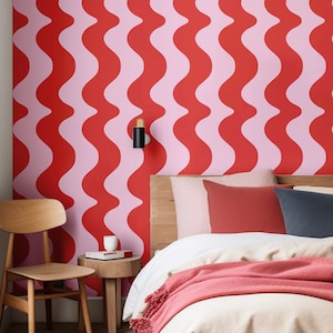 Sorbet Dreams ‘Auf The Same Wavelänge’ Wallpaper ROLL in ROSA KIRSCHE | rosa und rote gewellte Tapete| Wand einkleben und abziehen und aufkleben