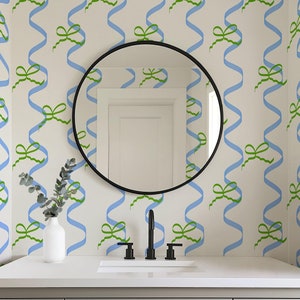 Carta da parati Sorbet Dreams ‘Mad about the Bows’ in blu e verde / carta da parati con motivo a fiocchi di nastri blu e verdi, elegante arredamento per la casa