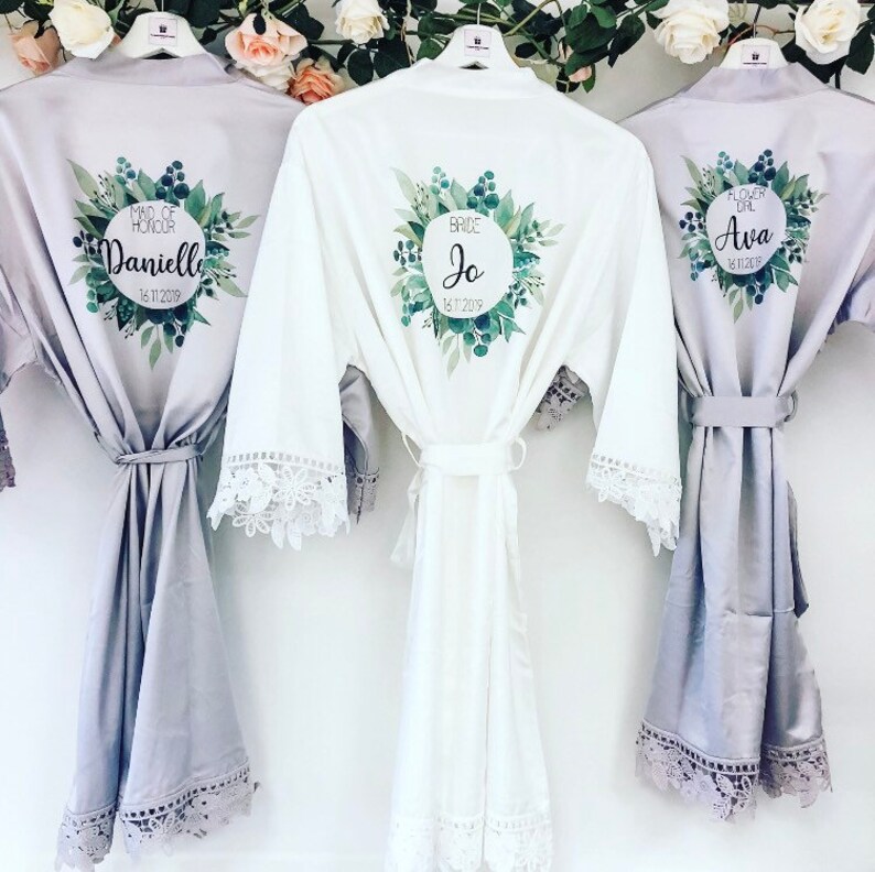 AVA Greenery Silk and Lace Bridal Robes With Green Leaf Motif Etsy