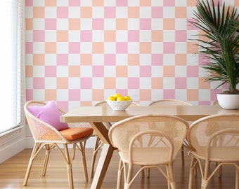 Sorbet Dreams ‘Checkmate’ Checkerboard Wallpaper ROLL in Peach & Pink Candy | Peach and Pink checkerboard wallpaper