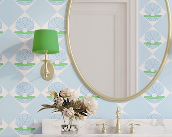 Sorbet Dreams Blue and Green Shell Wallpaper | Grande Shell Wallpaper | Grandmillennial Bathroom wallpaper