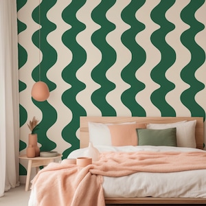 Sorbet Dreams On The Same Wavelength Wallpaper ROLL in Forest Green and Off white Dark green wavy wallpaper image 1