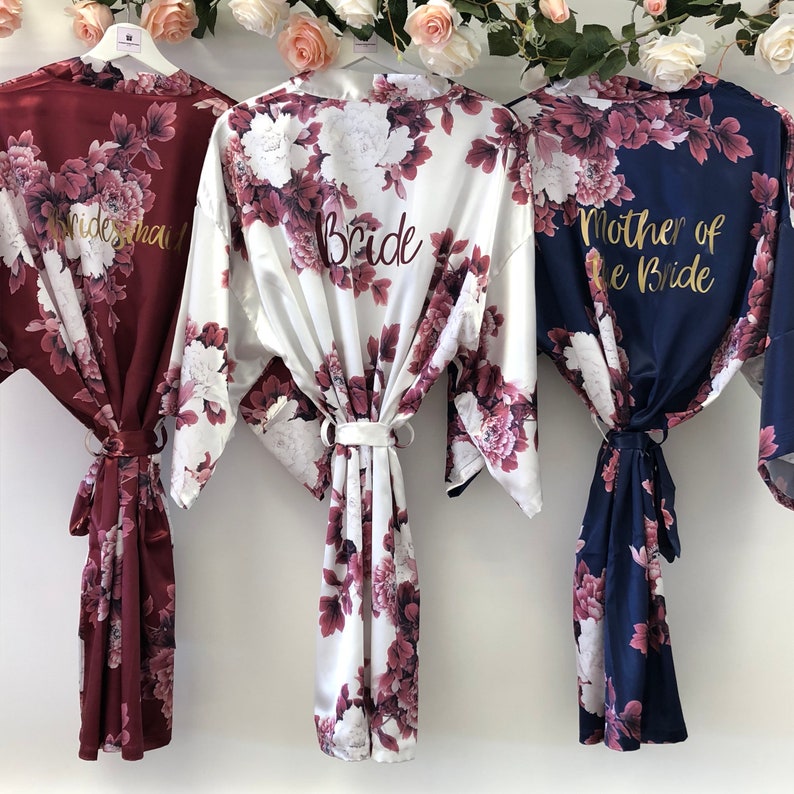 BLOSSOM personalised wedding robes, satin floral bridesmaid robe in burgundy, navy blush or champagne 