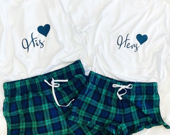 His and Hers matching pyjamas with heart date, His and Her pyjamas set, married couple pyjamas, New Mr and Mrs Pyjamas Set
