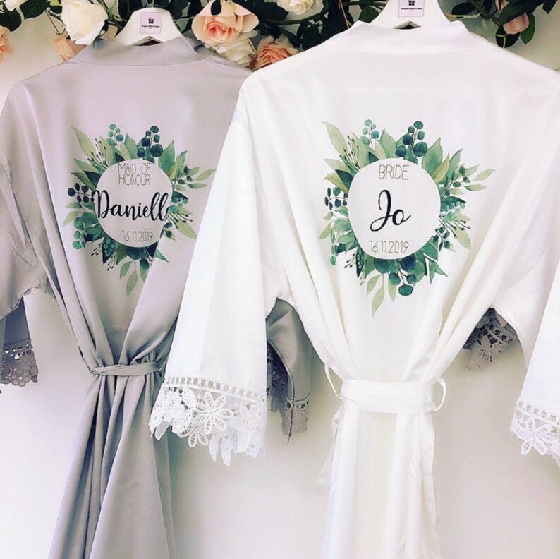 AVA Greenery Silk and Lace Bridal Robes With Green Leaf Motif Etsy