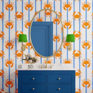 Carta da parati Sorbet Dreams Blue and Orange Crab / Carta da parati nautica "Don't Be Crabby", incolla la parete e applica la tecnica Peel and Stick