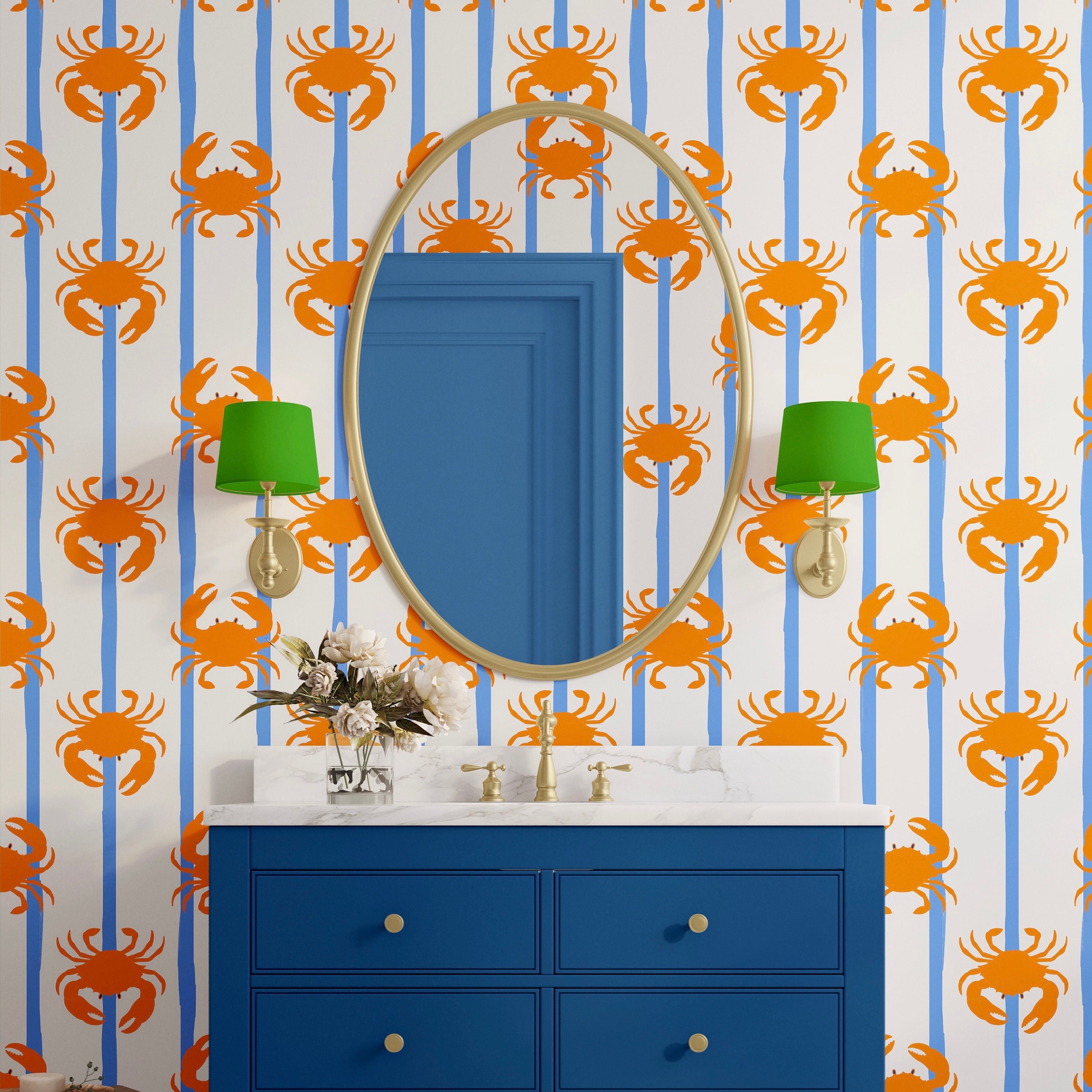 Sorbet Dreams Blue and Orange Crab Wallpaper | ‘Don’t Be Crabby’ nautical wallpaper
