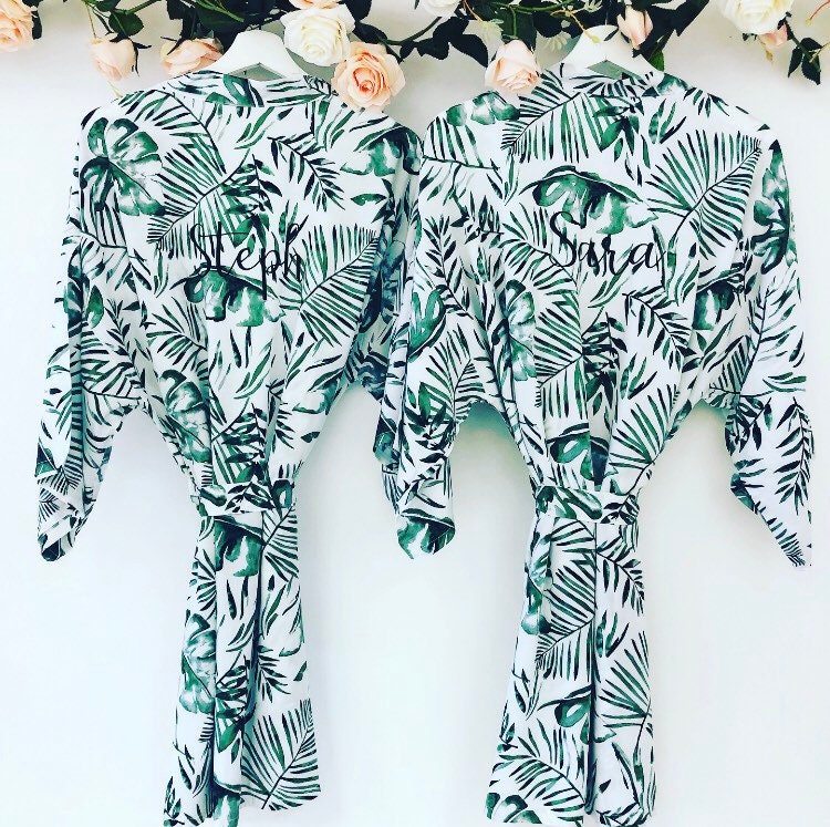 SADIE cotton bridal robes with palm leaves tropical bridal | Etsy