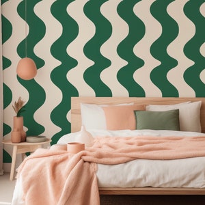 Sorbet Dreams On The Same Wavelength Wallpaper ROLL in Forest Green and Off white Dark green wavy wallpaper image 3