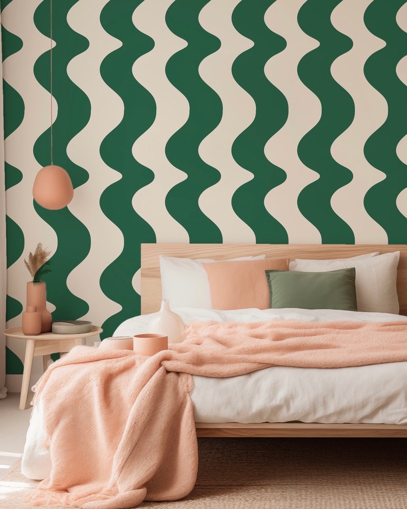 Sorbet Dreams On The Same Wavelength Wallpaper ROLL in Forest Green and Off white Dark green wavy wallpaper image 3