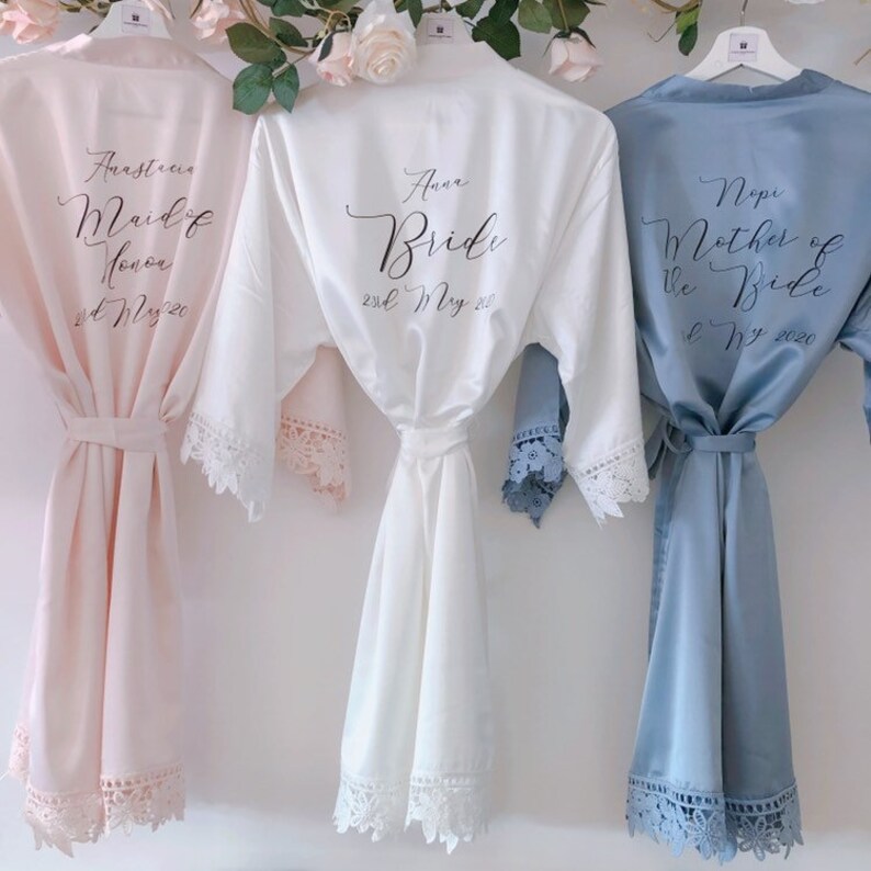 CATHERINE satin and lace bridal robes in standard and plus sizes and child sizes,  wedding robe with lace for bridesmaids 