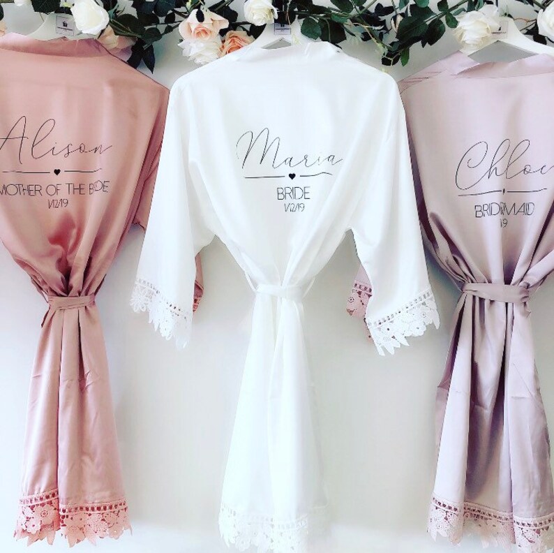 EMILY satin and lace bridal robes in standard and plus sizes and child sizes,  wedding robe with lace for bridesmaids 