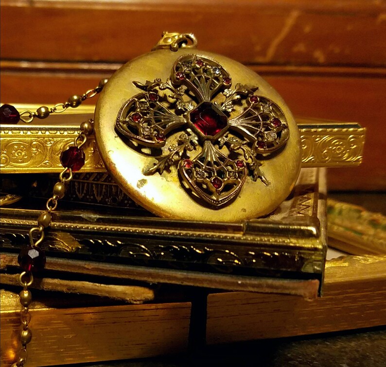 Cross Necklace Goth Jewelry Vintage Jewelry Gold Chain Antique Locket Vintage Jeweled Locket Steampunk Jewelry Gold Locket