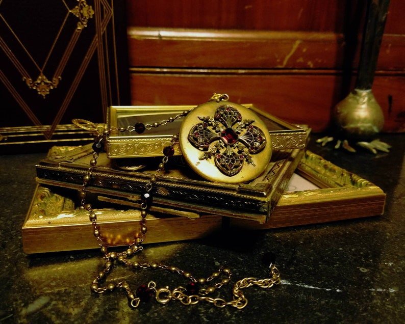 Cross Necklace Goth Jewelry Vintage Jewelry Gold Chain Antique Locket Vintage Jeweled Locket Steampunk Jewelry Gold Locket