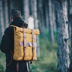 roll top backpack men canvas leather backpack men waxed canvas backpack laptop backpack mens backpack rucksack hipster backpack Yellow Khaki/Sahara