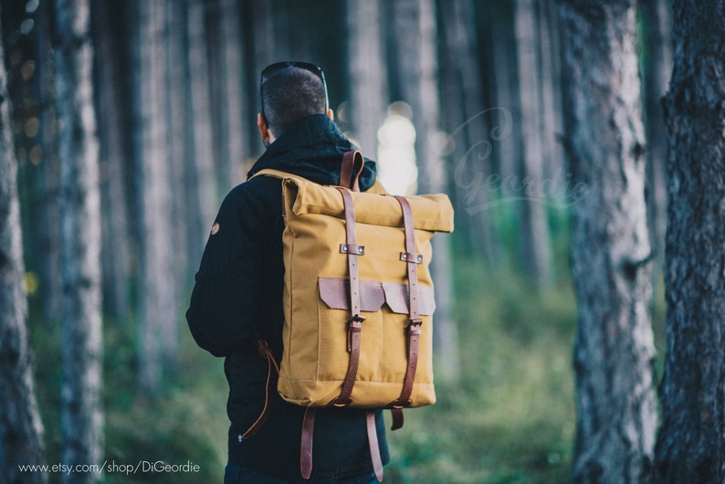 roll top backpack men canvas leather backpack men waxed canvas backpack laptop backpack mens backpack rucksack hipster backpack Yellow Khaki/Sahara