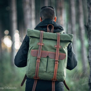 roll top backpack men canvas leather backpack men waxed canvas backpack laptop backpack mens backpack rucksack hipster backpack image 6