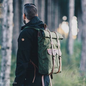 roll top backpack men canvas leather backpack men waxed canvas backpack laptop backpack mens backpack rucksack hipster backpack Military Green