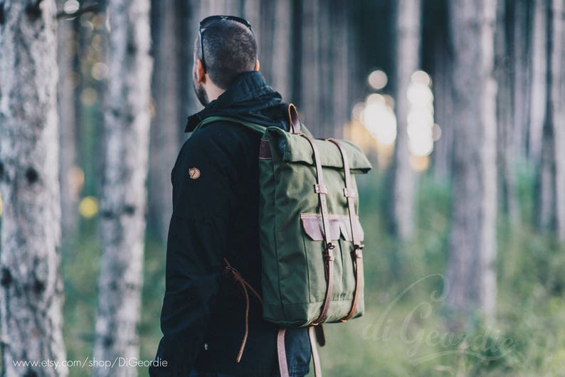 roll top backpack men canvas leather backpack men waxed canvas backpack laptop backpack mens backpack rucksack hipster backpack Military Green