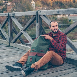 roll top backpack men canvas leather backpack men waxed canvas backpack laptop backpack mens backpack rucksack hipster backpack Upcycled Green