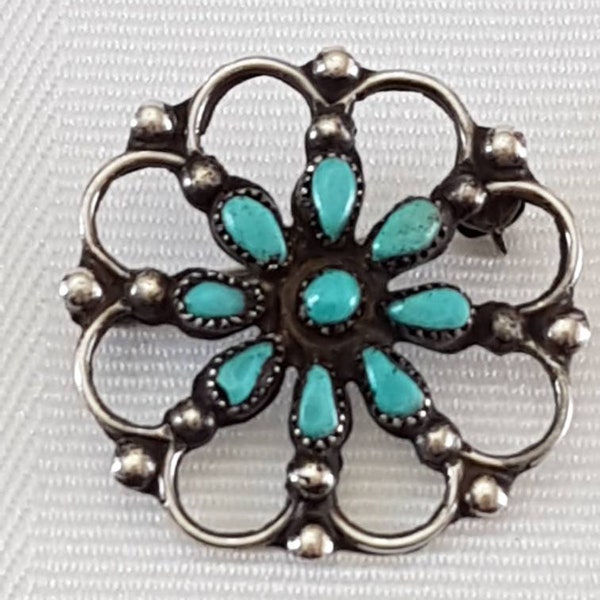 Vintage Native American  Zuni Silver and Turquoise Brooch Pin Zuni Petit Point Jewelry Native Jewelry Vintage Jewelry Vintage Brooch