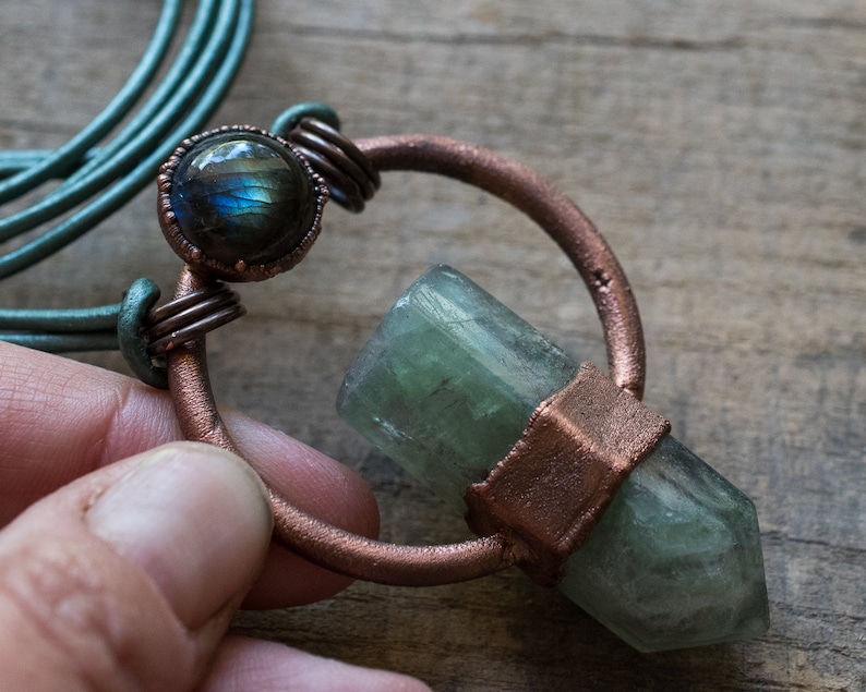 Fluorite Labradorite Necklace Statement Necklace Antiqued Copper Electroformed Copper Healing Crystals Summer Jewelry Boho Style