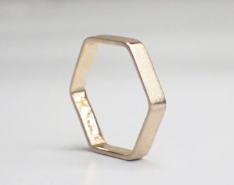 9ct Yellow Gold Hexagon Ring, Matte Finish, 3mm Wide Band, size M