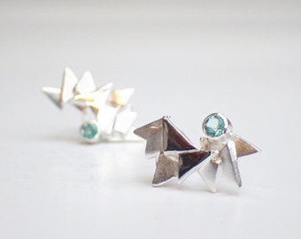 Silver Geometric Triangle Earrings Apatite Paraiba Blue