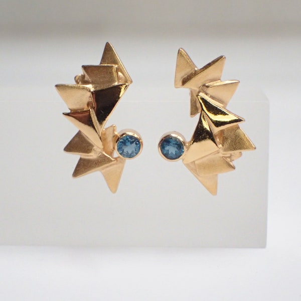 Gold Geometric Triangle Earrings London Blue Topaz
