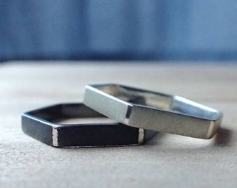 Sterling Silber Hexagon Ring, Mattweißes Finish, 3mm breites Band