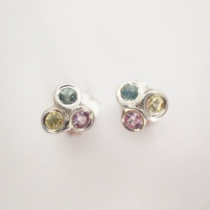 Solid White Gold Pastel Sapphire Alexandrite Stud Earrings Tri Shape image 2