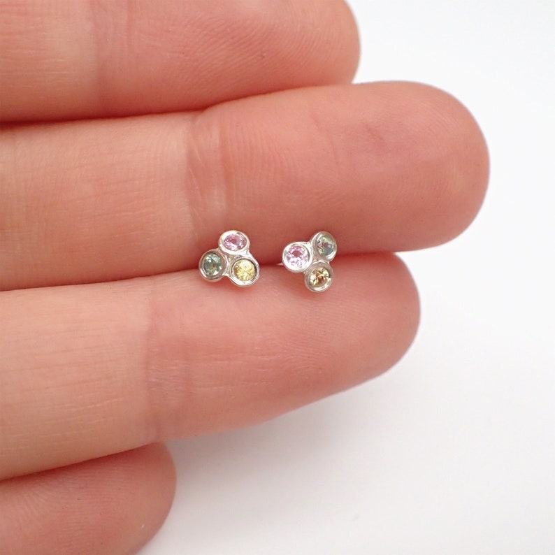 Solid White Gold Pastel Sapphire Alexandrite Stud Earrings Tri Shape image 1